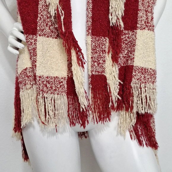 Red & Cream Cowgirl Fringe Plaid Open Front Western Cozy Sweater Vest One Size - Picture 3 of 8